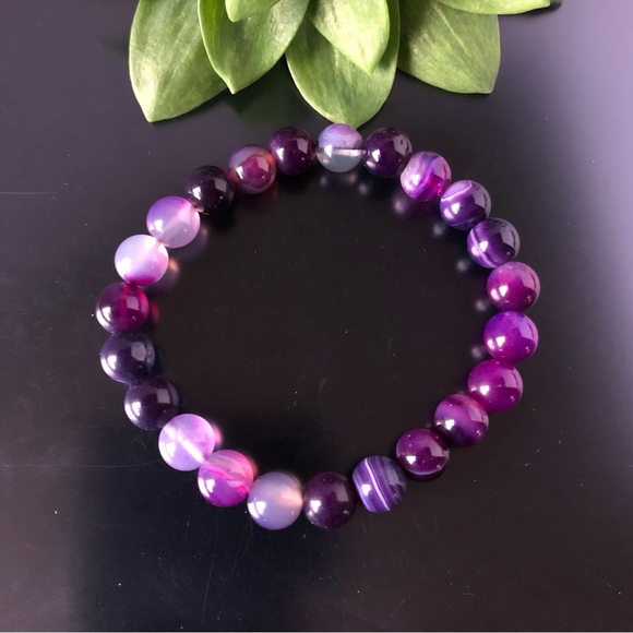 Purple Stripes Agate 8mm Natural Stone Beads Stretchable Bracelet - Picture 3 of 5